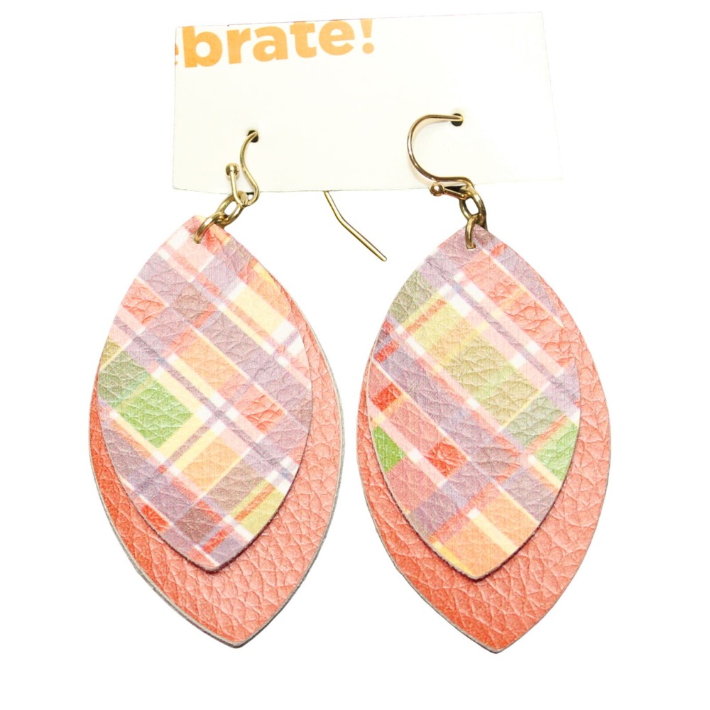 Faux Leather Leaf Shape Dangle Earrings Double Layered Burnt Orange Gingham